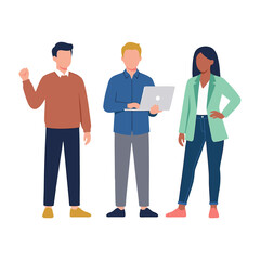 Obraz premium Three Diverse Startup Team Members with Laptop and Gesture Standing Ready in Energetic Flat Style Vector Illustration on Transparent Background