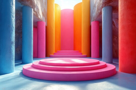 Graphic layout for advertising with loop-ready 3D shapes in bright colors and minimal design