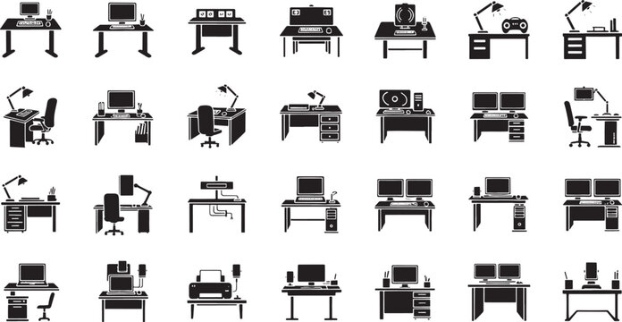 Collection of black silhouette depicting various office desks with computers and accessories workstation