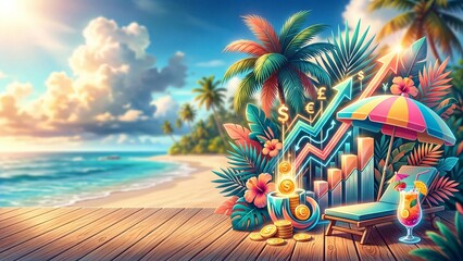 Obraz premium Tropical beach lounger with colorful cocktail and umbrella near rising financial graphs and gold coins. Vacation paradise blending business success and wealth growth. Summer investment visualization