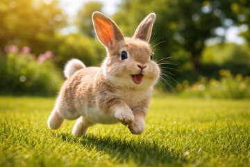 Fototapeta premium Cheerful pet rabbit bounding energetically across a rich green lawn on a bright summer day full length