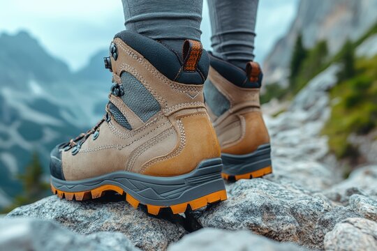 Close-up view of hiking boots on rocky path in mountains during outdoor adventure