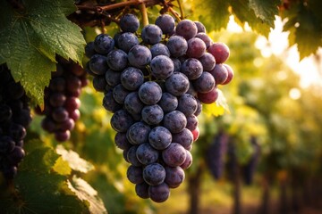 Naklejka premium Close up of healthy wine grape clusters full of antioxidants on vine