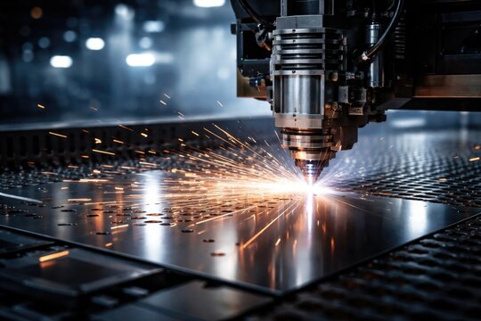 High tech laser sheet metal cutting emitting bright light with copy space