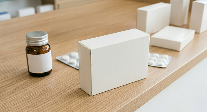 Mockup di confezioni farmaceutiche bianche con blister di pillole e boccetta su tavolo in legno