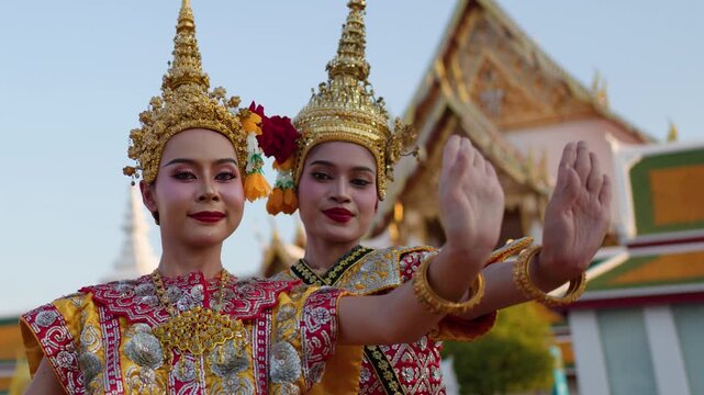 Traditional Thai Khon Dancers Perform in Classical Costume at Wat Suthat