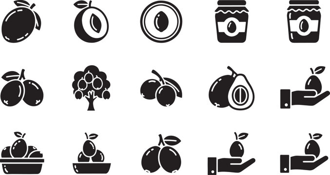 Black and white of plums and plum jam jars on white background fruit tree