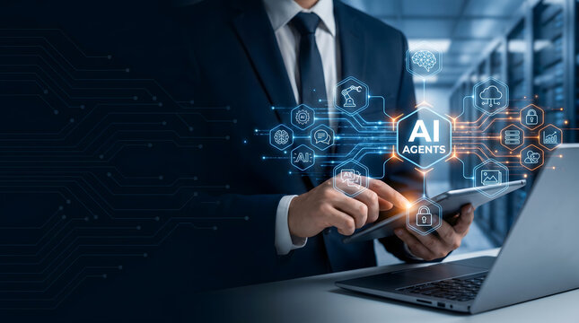 Businessman using tablet with glowing AI agents hologram for business automation and machine learning concept, virtual AI agents interface in server room data center.