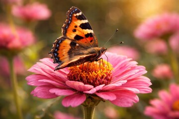 Fototapeta premium Delicate butterfly with tortoise shell markings on lively pink flower