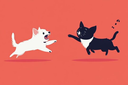 Funny pets playing and reacting in a minimalistic graphic design for advertising purposes