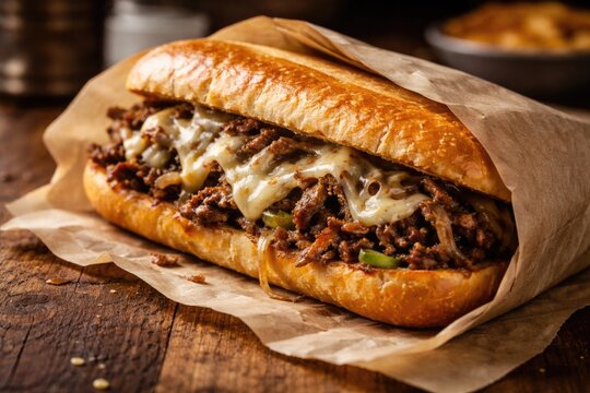 Freshly made cheese steak sandwich wrapped in plain paper