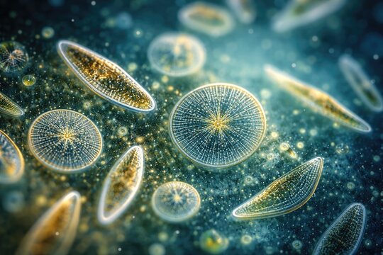 Detailed selective focus on diatom group marine microalgae bloom at four hundred times magnification with copyspace
