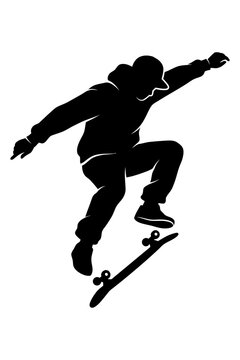 Dynamic black silhouette of a skateboarder performing a trick in midair with arms outstretched editable vector silhouette