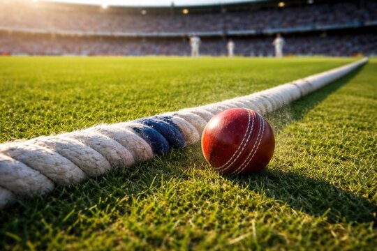 Action shot of cricket ball near boundary rope scoring four runs with copy space