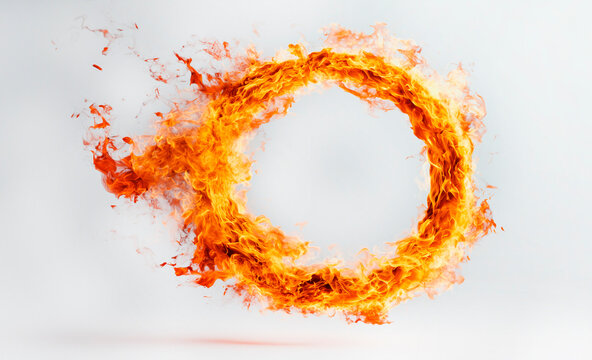 Abstract ring of intensely burning flames isolated on pure white background with motion blur effect.