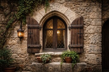 Fototapeta premium Old stone wall featuring a medieval building facade with a wooden shuttered arched window