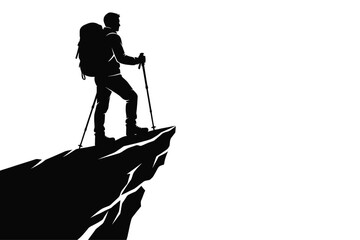 Fototapeta premium Hiker standing on mountain peak with trekking poles silhouette against sky editable vector silhouette