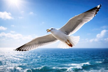 Fototapeta premium Lively seagull playfully soaring above bright blue horizon