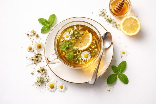 Imaginative setup of an herbal tea cup placed on a simple white backdrop viewed from a fantastic vantage point