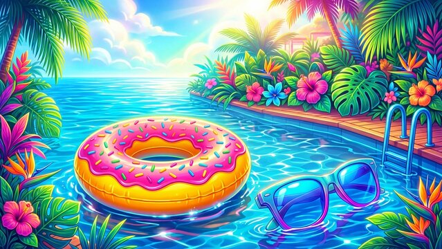 Inflatable pink donut float in turquoise pool. Tropical resort scene with palm trees hibiscus and ocean horizon. Summer vacation relaxation and beach paradise concept