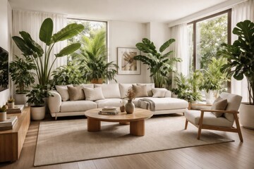 Fototapeta premium Chic indoor living space decorated with lush plants and minimalist furniture