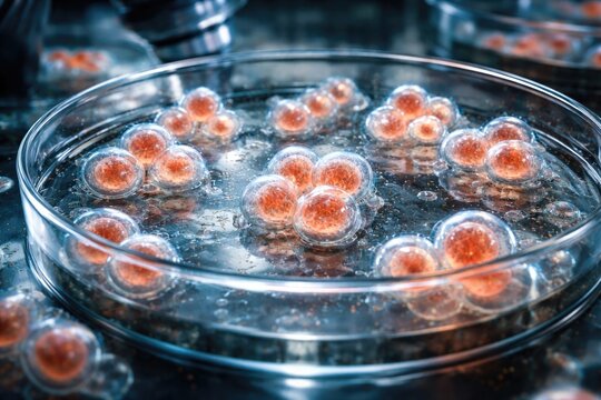 Cells expanding and multiplying under microscope in lab dish environment