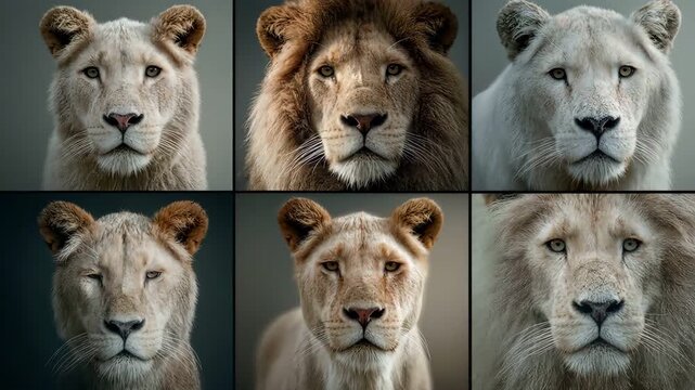 Multi screen grid of wild lions roaring looking at camera