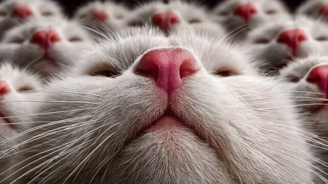Multi screen grid of white cats meowing with pink noses macro