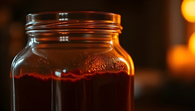 "Close-up of glass jar filled with dark red liquid, screw-top rim without lid, warm soft lighting creating reflections and highlights on glass, blurred background with glowing light source, cozy atmos