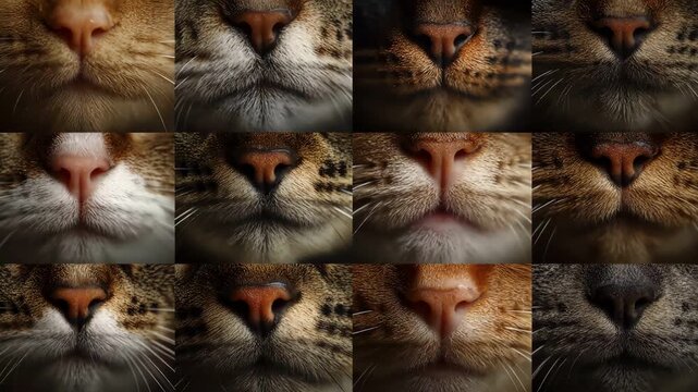 Multi screen grid of twelve cat noses sniffing close up