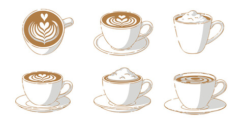 Fototapeta premium A set of six coffee cups with various designs on a white background