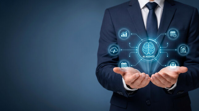 Businessman holding glowing AI agents brain hologram for business automation and virtual assistant concept, Machine learning and task management concept