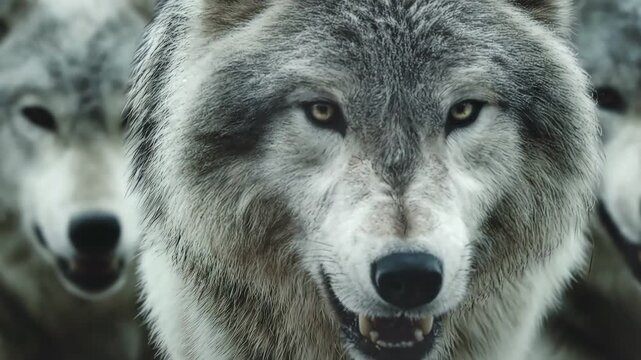 Close up of grey wolf snarling and showing teeth to camera