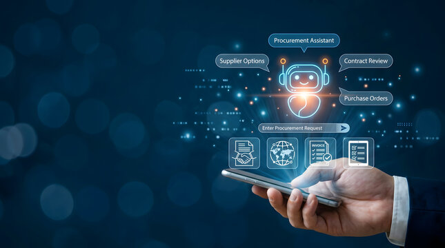Businessman using smartphone with AI procurement assistant chatbot hologram for supply chain management concept,  Automated purchasing and contract review background with glowing AI agent interface 