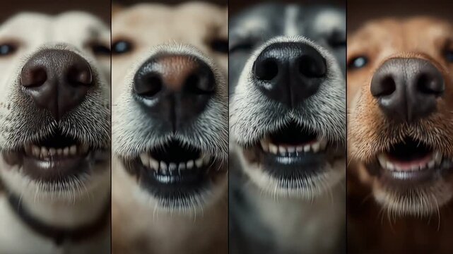 Vertical split screen of four happy dogs panting macro detail