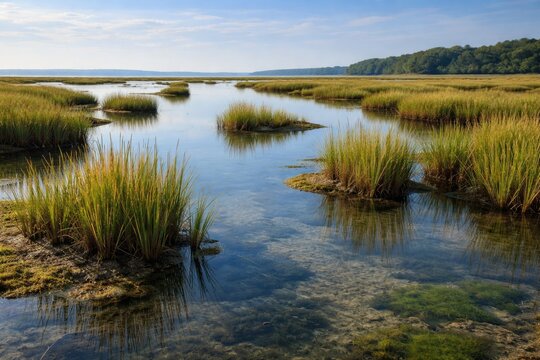 Expansive tidal pool waters showcasing salt marsh cordgrass on a calm day
