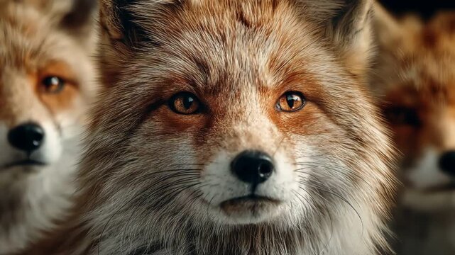 Close up portrait of wild red foxes looking at camera macro