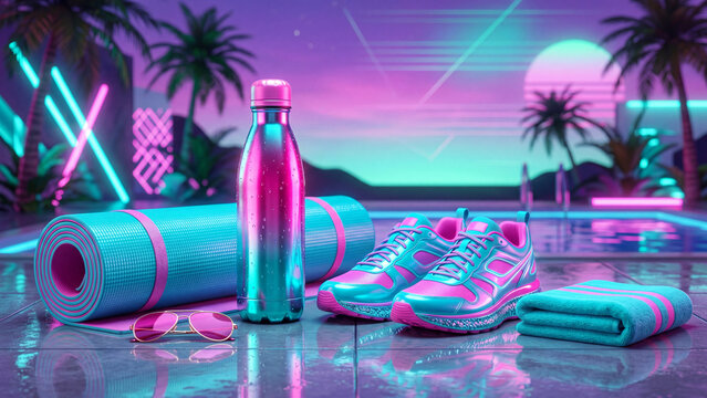Rolled yoga mat, metallic water bottle, colorful sneakers, sunglasses and towel arranged on poolside deck. Neon tropical sunset scene with palm trees and synthwave vibes for fitness and beach