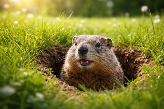 Joyful groundhog exploring the fresh spring grass from its burrow