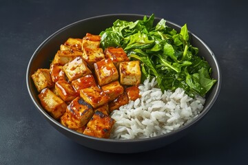 Fototapeta premium Tofu stir fry with rice and greens on a dark background for advertising layout