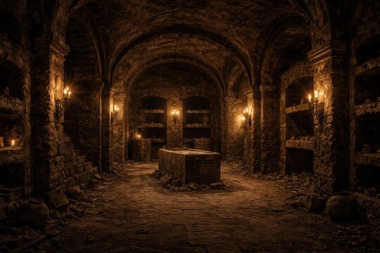 Illuminated empty catacomb room with stone walls