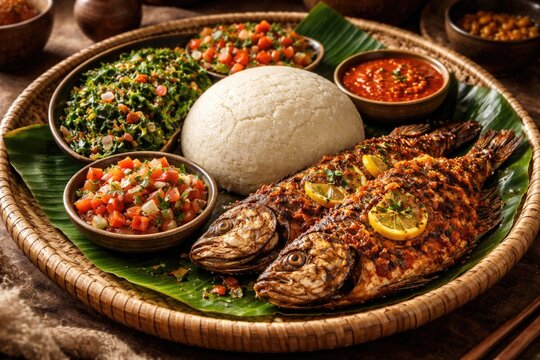 Authentic East African platter including ugali, spiced fish, and leafy greens
