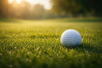 Obraz premium Focused shot of a golf ball resting on lush grass with room for promotional content and text