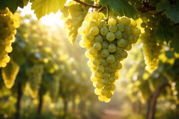 Fototapeta premium Green grape bunches glowing under soft sunlight in vineyard
