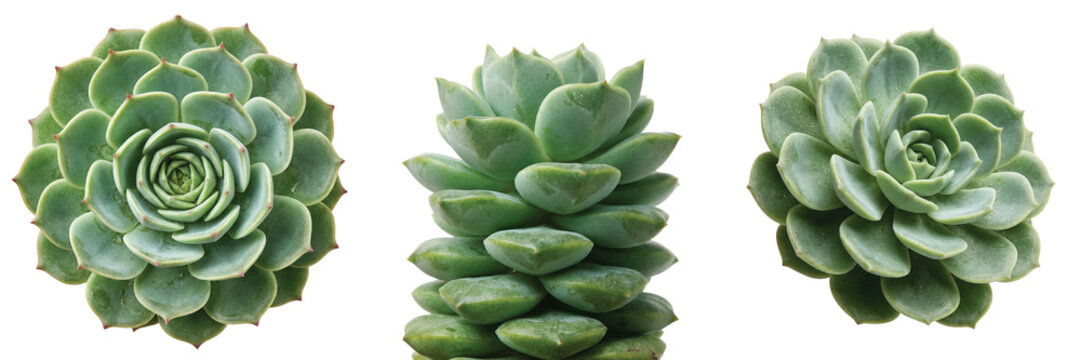 Echeveria succulent plants collection, green rosette succulent set of 3, botanical desert flora for home decor and gardening design isolated on Transparent Background