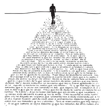 Man silhouette walking through text path
