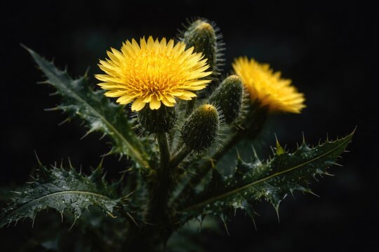 High resolution close up of Sonchus Asper with glowing yellow flowers set on a moody black background revealing unique features