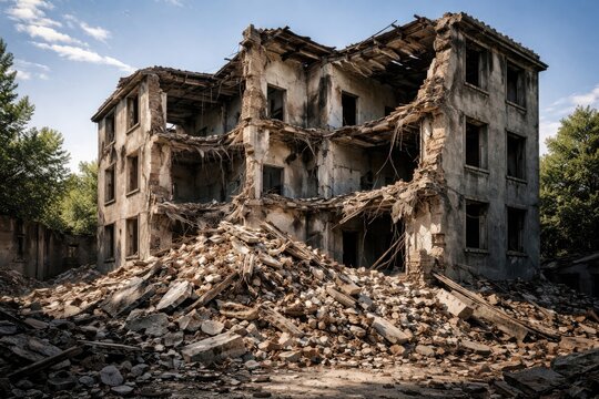 Decrepit building with falling walls and debris pile under daylight with copy space