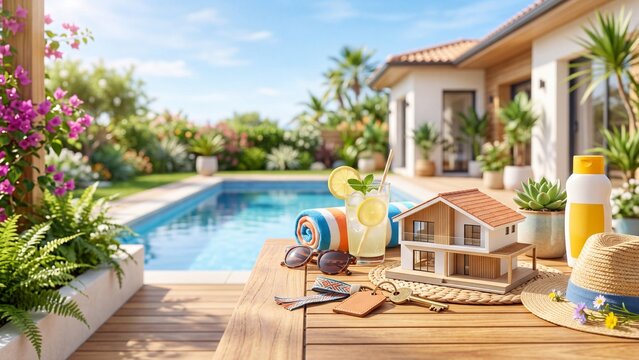 Miniature model house on wooden patio table with vacation items. Keys sunglasses hat sunscreen and lemonade glass. Tropical poolside setting for real estate and summer holiday concept