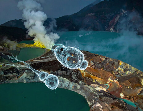 Conceptual image of microscopic life over a volcanic crater, symbolizing extremophiles and the origins of life. Ideal for biology, science, research, and educational media projects.